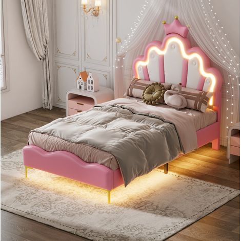 Cama 90x200 Cm PU Rosa, Cabecero Corona Capitoné Perlas Y Banda LED Multicolor (1/5)