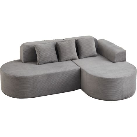 Sofá modular esquinero en L de pana gris, 220 cm, con 3 cojines (1/5)