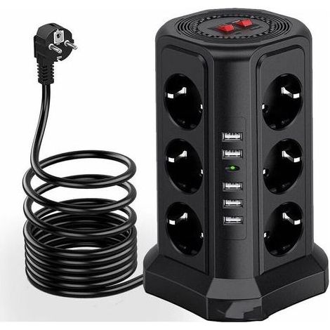 Multiprise tour parafoudre 12 prises CA et 5 ports USB – Interrupteurs individuels – Protection 1500J – Longueur 2m – Matériau ignifuge (1/4)