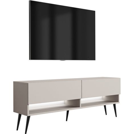 Meuble TV : Cachemire, pieds obliques noirs, LED blanche, 140 × 32 × 52 cm (1/5)