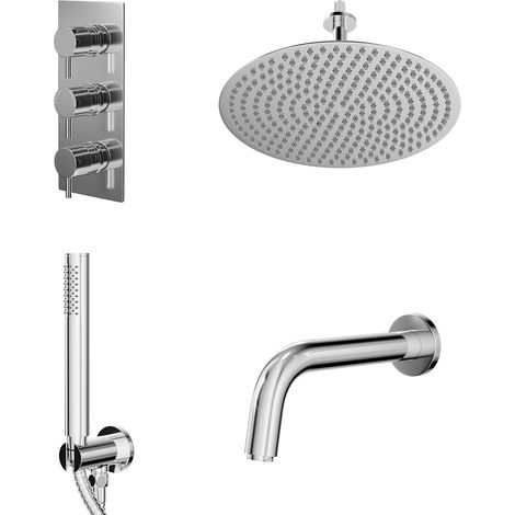 Circo Polished Chrome Concealed Triple Thermostatic Shower Valve with Diverter and 400mm Round Head with 150mm Ceiling Arm and Clyde Slide Rail Kit with Bath Spout - 3 Outlet (1/5)