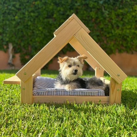 Niche d'intérieur/extérieur pour Chien  76x44x55cm  Couleur Naturelle  Lit en Bois Naturel pour Chiens et Chats Petits et Moyens  Maison pour Animaux  2 Supports pour gamelles. (1/3)