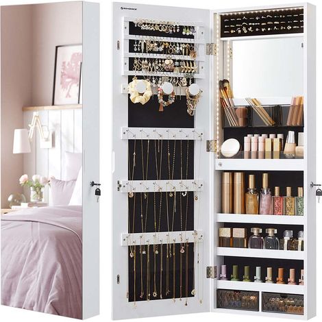 Armario organizador de joyas de pared 37,5 x 9,7 x 108 cm con luces LED armario de almacenamiento con espejo sin marco espejo de maquillaje integrado 2 cajones con cerradura blanco 120003938