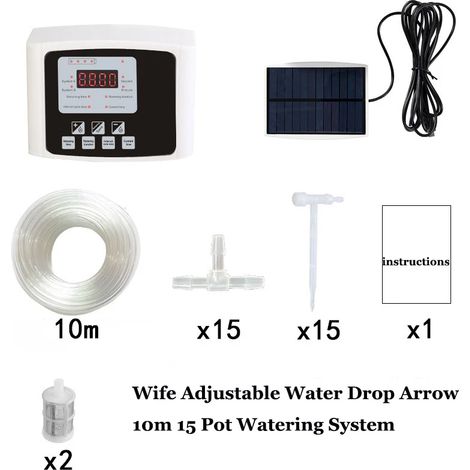 (Tuyau d'eau de 10 mètres, 15 régulateurs) Système d'irrigation goutte à goutte à double pompe pour jardin, système de minuterie, énergie solaire. (1/4)
