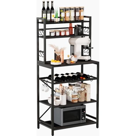 Étagère de Cuisine, Meuble de Rangement à 6 Niveaux avec 12 Crochets en S, Style Industriel Étagères de Stockage pour Four à Micro-Ondes, Cadre en Acier, 58 x 39 x 144CM, Noir (1/5)