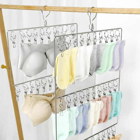 Séchoir à chaussettes en acier inoxydable pour serviettes, couches lavables, soutiens-gorge, vêtements de bébé, sous-vêtements, bonnets, gants, 3 niveaux, 30 pinces (1/5)