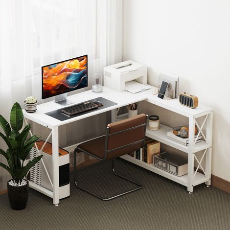 Bureau d'angle modulable réversible, bureau avec rangement, étagère de rangement, cadre en métal, blanc, 135x110x75cm