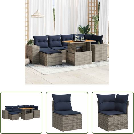 Meubles extérieurs - Salon de jardin avec coussins 7 pcs gris résine tressée (1/5)