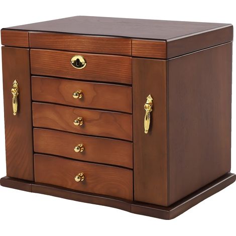 Boîte à bijoux, bois, 5 niveaux, 4 tiroirs, 2 armoires pivotantes, doublure en velours (1/5)