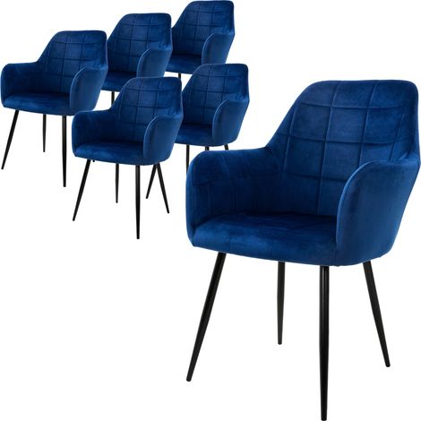 ECD Germany Set 6x Sedie da Pranzo Blu Scuro Poltrone Imbottite in Velluto Stile Moderno Scandinavo Gambe in Metallo per Sala da Pranzo Soggiorno Cucina Ufficio Studio Sala D'Attesa