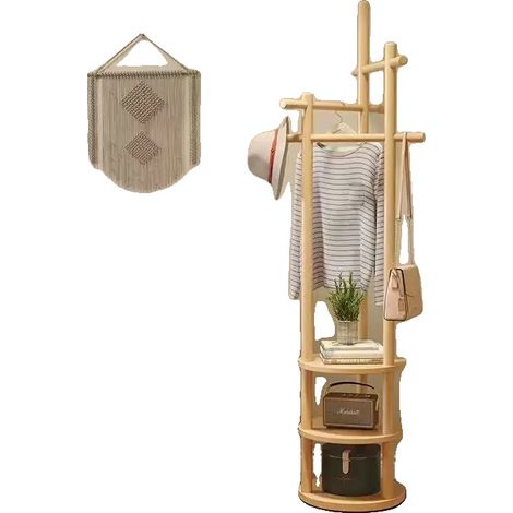 Perchero, 3 estantes, 9 ganchos para colgar ropa, estilo moderno, 100% madera de caucho, requiere montaje. (1/5)