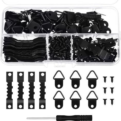 Kit de suspension de 251 pièces comprenant 50 cadres photo en dents de scie, 50 boutons tournants pour cadre, 150 vis et 1 tournevis pour accrocher des photos, des dessins