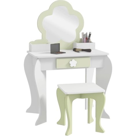 White Kids Vanity Table with Mirror and Stool,Flower Design,Storage Drawer and Boxes for Ages 3-6 Years-Perfect for Little Girls