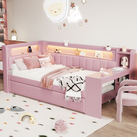 Lit banquette gigogne rembourré 90x200 cm avec couchage 90x190, bureau intégré, éclairage LED 7 couleurs, ports USB, cadre bois, rose (1/5)
