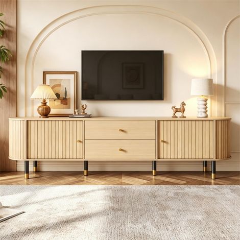 Meuble TV bas ovale 180x40x58cm, banquette TV aspect bois avec portes coulissantes et deux tiroirs pour salon, naturel (1/5)