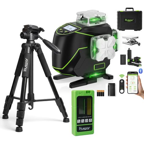 Huepar 4D Kreuzlinienlaser 16 grüne Laserlinien 360° S04CG mit Laserempfänger LR-5RG und Stativ TPD14, selbstnivellierend, LCD-Display, Bluetooth-Fernbedienung, Hubfuß (1/5)