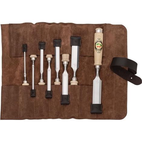 Kirschen 1131002 Set di Scalpelli 8 Pezzi in Acciaio al Carbonio Temprato con Borsa in Pelle Scamosciata colore Beige