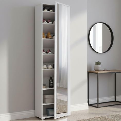 Étagère à chaussures Datura, Meuble d'entrée avec porte miroir, Meuble à chaussures avec 7 étagères, 50x32hx182 cm, Blanc (1/5)