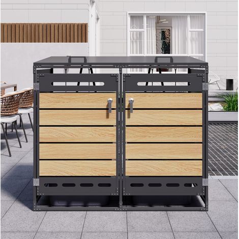 Abri double pour poubelles 131 x 79 x 116 cm en fer noir avec couvercles hydrauliques - CHICFURN (1/5)