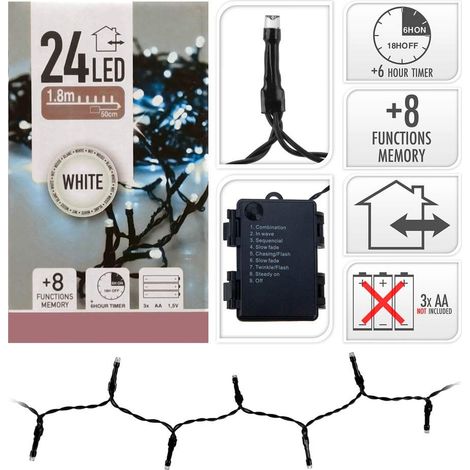 Guirnalda a pilas, multifunción, uso exterior, blanco frío, cable negro, 24 leds, 2,30 m (1/2)