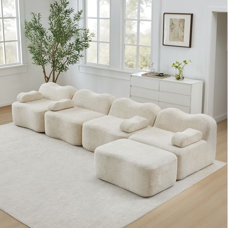 Canapé d’angle modulaire 4 places en velours beige avec ottoman, sans structure interne (1/5)