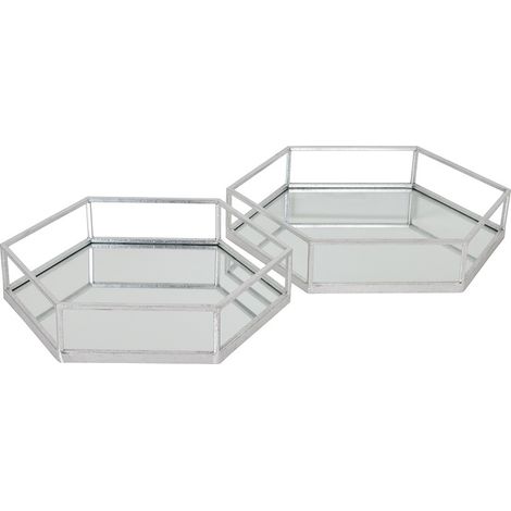 Hexagon Set of Two Trays - Glass/Metal - L43 x W50 x H9 cm - Silver