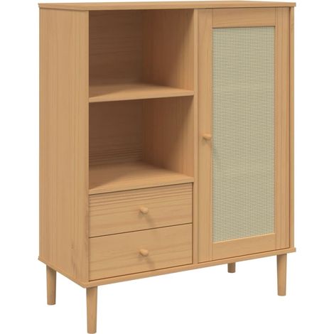 Credenza buffet cassettiera mobile contenitore organizer cucina soggiorno soggiorno effetto rattan 90 x 40 x 112 cm legno di pino massiccio marrone 020036234