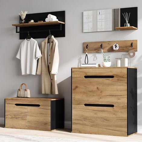 Meuble à chaussures d'entrée modulaire avec miroir, étagère et 4 crochets, noir et bois DESVIAE (1/5)