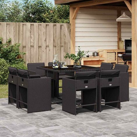9-tlg. Garten-Essgruppe mit Kissen Schwarz Poly Rattan (1/5)