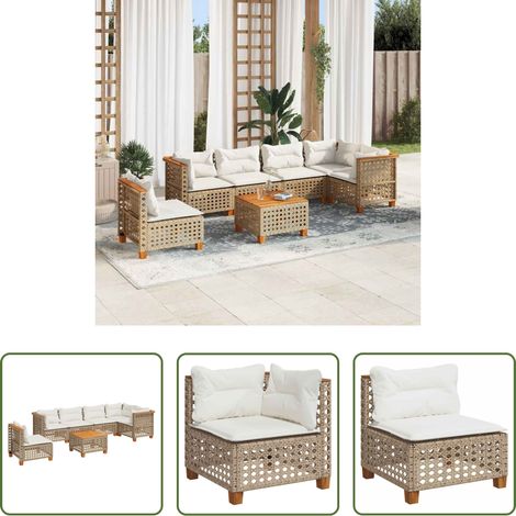 vidaXL Gartensessel - 7-tlg. Garten-Sofagarnitur mit Kissen Beige Poly Rattan (1/5)