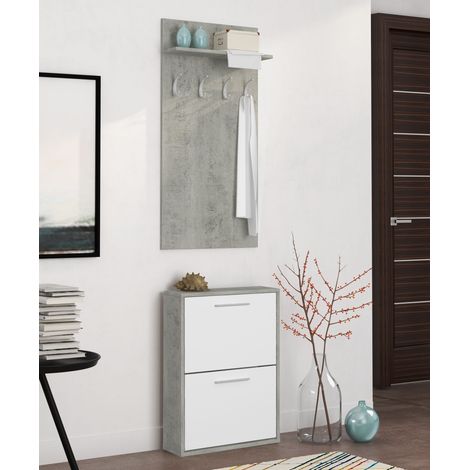 Set Ingresso Salvaspazio con Scarpiera 2 Ribalte e Appendiabiti da Parete con Mensola Mobile Ingresso Moderno Soggiorno Portascarpe Giacche 54 x 73 x 18 Cm Bianco E Grigio Cemento