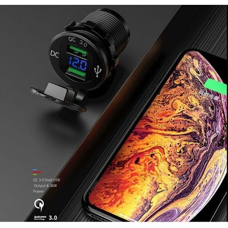 Moto double prise USB chargeur de voiture adaptateur de prise de courant marine prise allume-cigare étanche 2.1A Charge rapide avec voltmètre LED pour prise 12V/24V QC 3.0 avec voltmètre (1/2)