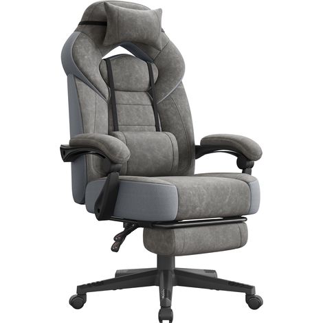 Songmics – Chaise gaming ergonomique avec repose-pieds – Coussin de tête ajustable – Support lombaire – Capacité de charge 150 kg – Tissu suédine gris ardoise (1/5)
