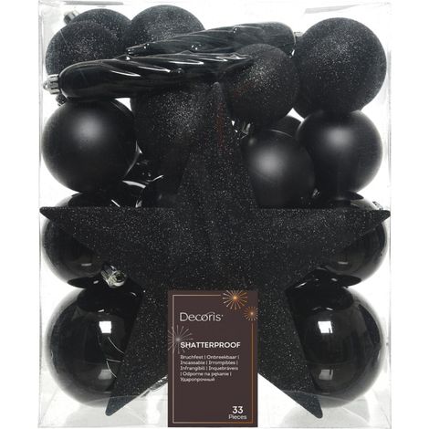 Kaemingk Weihnachtskugeln bruchfest, langlebig, schwarz 33 Kugeln + Stern Christbaumschmuck