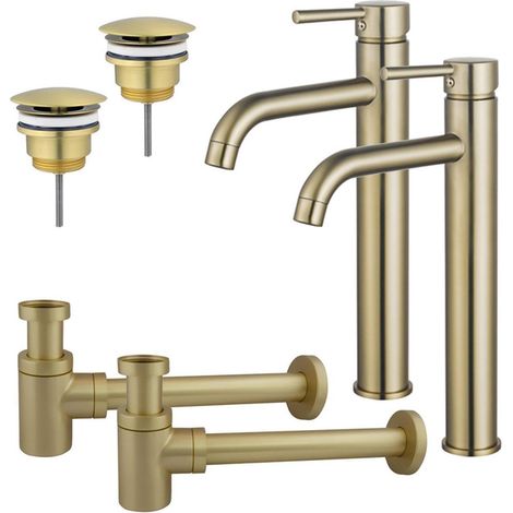 FugaFlow Eccelente Sobrado Kit robinet lavabo - pour double vasque - robinet rehaussé - bonde non-obturable - siphon design bas - Laiton brossé PVD (1/4)