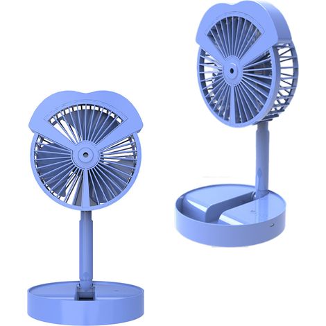 Kleiner elektrischer Ventilator mit 3 Windstufen, bürstenlosem Motor, Tischventilator mit Sprühfunktion, USB-Ladeanschluss, blau (1/5)