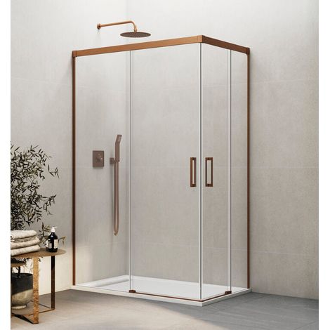 BASIC paroi de douche d’angle avec deux portes coulissantes et deux panneaux fixes, 100x90 cm, verre transparent, finition cuivre (1/5)