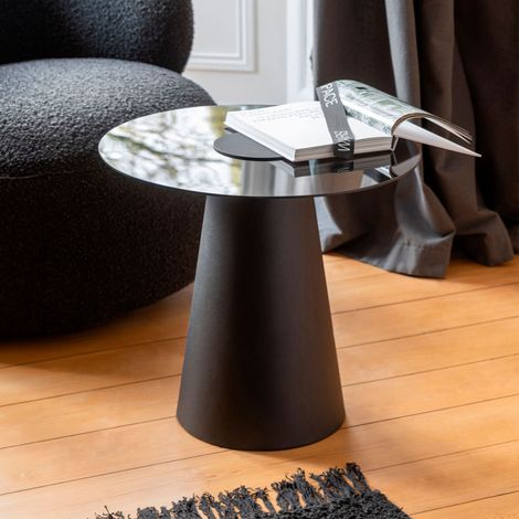Table d'appoint ronde 60x50 cm en verre fumé et métal noir (1/5)