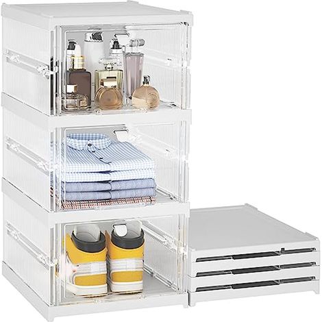 Grande boîte à chaussures transparente sans installation, boîte de rangement à chaussures pliable, meuble à chaussures simple à plusieurs niveaux de style tiroir en plastique, 3 niveaux, gris. (1/5)
