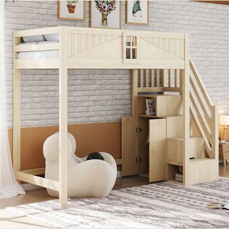 Lit mezzanine - SOGEU - Lit mezzanine avec escalier de rangement - 90x200 cm - Bois massif naturel - Escalier réversible (1/5)