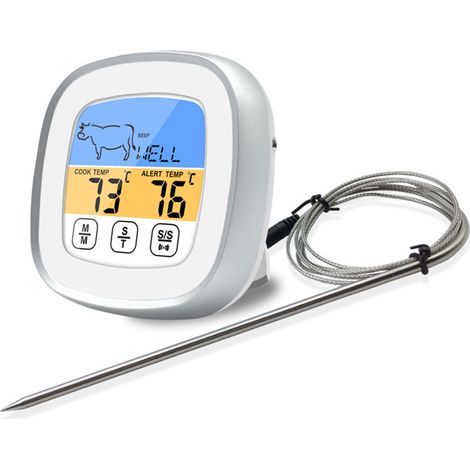 Thermomètre numérique à minuterie tactile en acier inoxydable, thermomètre à viande pour la cuisine et le barbecue, blanc (1/5)