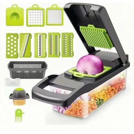 Hachoir à légumes 15 en 1, mandoline multifonctionnelle avec lames en acier inoxydable, hachoir à oignons et à ail, ustensile de cuisine (vert) (1/5)