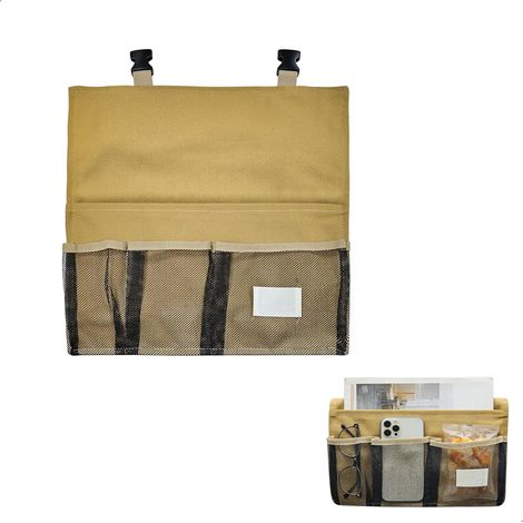 Chevet Suspendu, Pochette de Chevet, Rangement Suspendu, Pochette d'Organisation Renforcée en Toile avec Poches Multiples et Sangle Anti-Glisse pour Lit Chaise Bureau, 33x32,5cm (1/5)