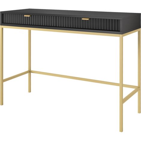 Konsolentisch 100 cm Galla - Beistelltisch mit Schubladen, Wohnzimmer - Flurtisch mit Metallgestell - geriffelten Fronten & goldene Griffe (Schwarz + Gold) (1/5)