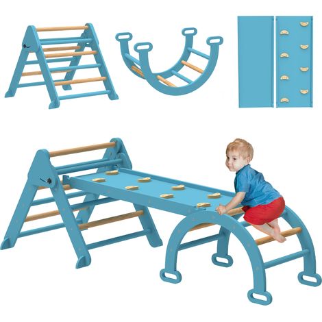 AIYAPLAY 7 en 1 triángulo de escalada montessori con arco y rampa, escalada para niños de madera plegable, para 18-48 meses, 188x70 cm, azul