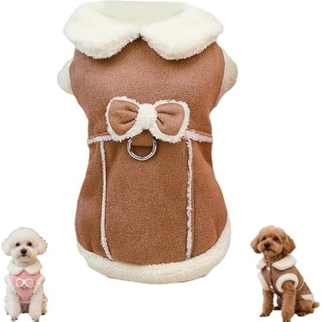 Gilet en polaire pelucheuse pour chien avec nud et anneau en D, manteau d'hiver chaud et doux pour petits chiens, veste coupe-vent confortable pour intérieur et extérieur, 5 tailles, marron rose, 2 (1/5)