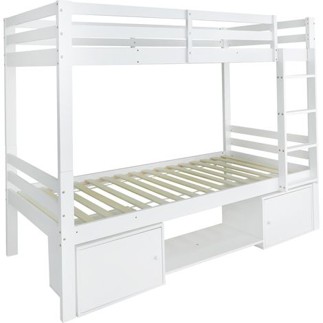 Etagenbett 90 x 200 cm, 2 Schlafplätze mit Regalen und Stauraum, Teilbar in 2 Einzelbetten, ohne Matratze, Weiß (1/5)