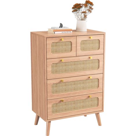 Commode 5 tiroirs - 60x34x91 cm -Meuble de Rangement Chambre Salon Porche - Naturel (1/5)