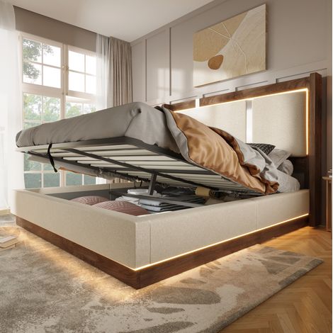 MEUBLIV Lit double 140 x 200 cm avec sommier LED et coffre de rangement en lin beige et bois style rétro avec tête de lit haute et structure en métal (1/5)