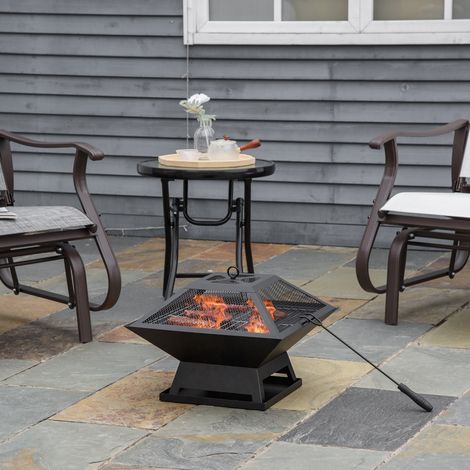 Brasero Outsunny de 45 x 45 x 34 cm, de acero inoxidable, con rejilla protectora contra chispas y atizador. Cesta para brasero, ideal para jardín, balcón, barbacoa y camping. Color negro. (1/5)